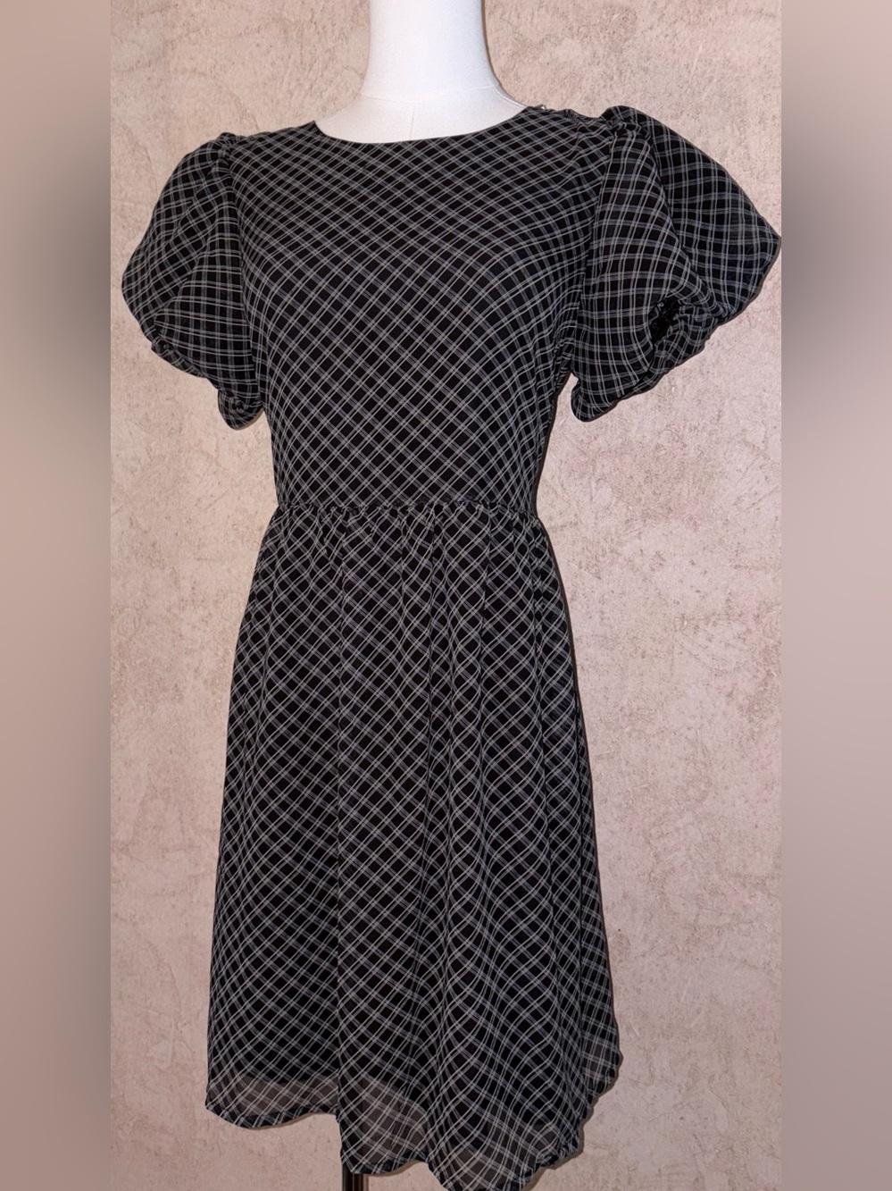 Skies are Blue Black Windowpane Puff-Sleeve Mini Dress